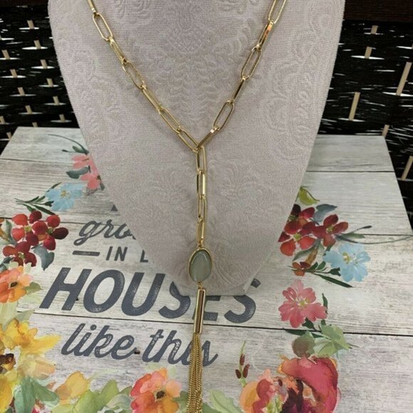 Halogen Stone Y-Drop Tassel Oval Link Necklace - Picture 2 of 7